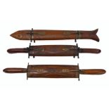 Three late 19th century Indian carving sets, each pair in a hand carved wooden and metal case set on