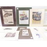 A good selection of 19th century mounted engravings and four 1960s motor car advertisements - all in