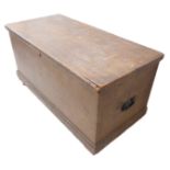 A 19th century painted pine trunk; the lid with strap hinges above two iron carrying handles and