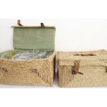 Two rushwork baskets containing various drinking glasses (perspex and glass) (55cm x 30cm x 31cm)