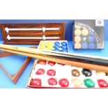 Snooker and pool equipment: 1. a boxed set of Billiard Pro competition pool balls and 9 chalks. 2. a