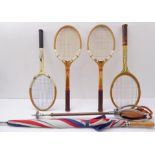 Four wooden tennis rackets: 2 Dunlop medium Maxplys (restringing required), a Slazenger 'Queens