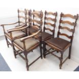 A set of six (4+2) early 20th century oak dining chairs in 17th century style; ladder-style backs,