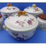 Three Hornsea storage jars in the Fleur design, together with three Evesham Vale ware casseroles and