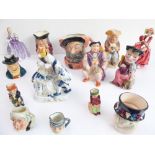 Various Toby jugs and two hand-decorated Royal Doulton figures, 'Nicola' and 'Top o' the Hill' (14)