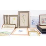 9 framed and glazed pictures and a set of 3 picture frames: an early 19th century watercolour of