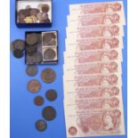 A interesting selection of world and GB coins and ten 10s banknotes in uncirculated condition. The