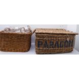 A Paragon laundry basket for restoration (76cm wide) together with a rope-handled wicker basket