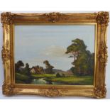 A large mid-20th century German School oil on canvas countryside study of two country cottages
