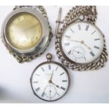 A late 19th/early 20th century large silver-cased open-faced pocket watch; white-enamel dial with