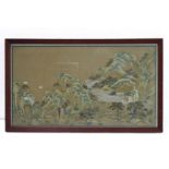 A print works scene depicting pagodas and Japanese buildings before water and amongst mountains (