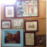 Four interesting Edwardian framed photographs, a framed oil on canvas of a continental rural