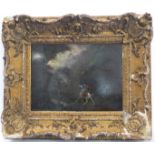 A 19th century gilt-framed oil on panel study depicting a lone rider on a white horse riding upon