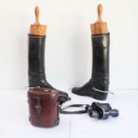 A pair of black leather hunting / riding boots (repaired) with spurs and original wooden trees,