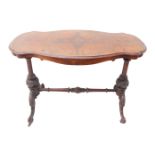 A mid 19th century serpentine sided, figured walnut-topped centre table; two turned end supports