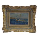 A small gilt framed oil on artist's board of a single sailing boat at sea, monogrammed lower left