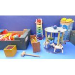 Wooden early learning toys to include an early carved horse and cart, a 1930s set of Minibrix, a