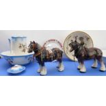 Two Edwardian wash basins, one with matching pitcher, two hand-decorated ceramic models of shire