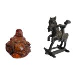 An alabaster seated figure of Buddha, together with an Indian bronze model of a horse and rider (2)