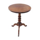A mid 19th century circular top occasional table (possibly fruitwood); turned stem and tripod base
