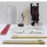 Collectables to include 8 cased slide rules, a carved Chinese hardwood figure of a corpulent male (