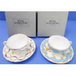 Royal Worcester - two duo cup-and-saucer sets in the 'Foxglove' and 'Primula' patterns (two sets
