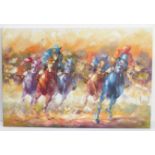 B. JACKSON, (contemporary) - a vibrant and brightly coloured oil on canvas study of racehorses,