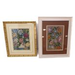 Two floral tapestries: one gilt-framed and the other with limed oak frame measuring 56cm x 69cm