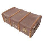 An early 20th century wooden-slatted steamer-style travelling-trunk with two leather carrying-