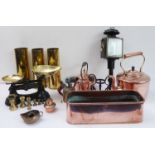 A good selection of antique copper and brassware to include three WWI brass shell cases (29cm high),