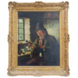 A 19th century oil on canvas study: a smiling gentleman seated in a vernacular country cottage