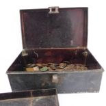A moneybox containing a large collection of mostly late 19th and early 20th century pennies and