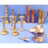 A selection of decorative metalware to include various late 19th / early 20th century candlesticks