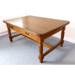 A large stained pine weathered kitchen-style table; the pleasing and heavy 5cm top of good colour