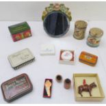 A variety of collectables to include various tobacco tins, a barbola-style mirror, a small boxed