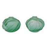 A pair of Lalique green frosted-glass bud vases: of squat form in the 'Solafore Palm Antinea'