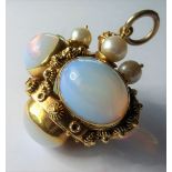 An unusual 18-carat gold pendant set with large cabochon water opals and pearls (with pouch) (