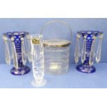 A pair of early 20th century blue and clear glass table lustres (17cm high), a Hukin & Heath (