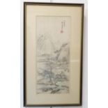 An early / mid 20th century Chinese watercolour on linen - buildings before mountainous terrain