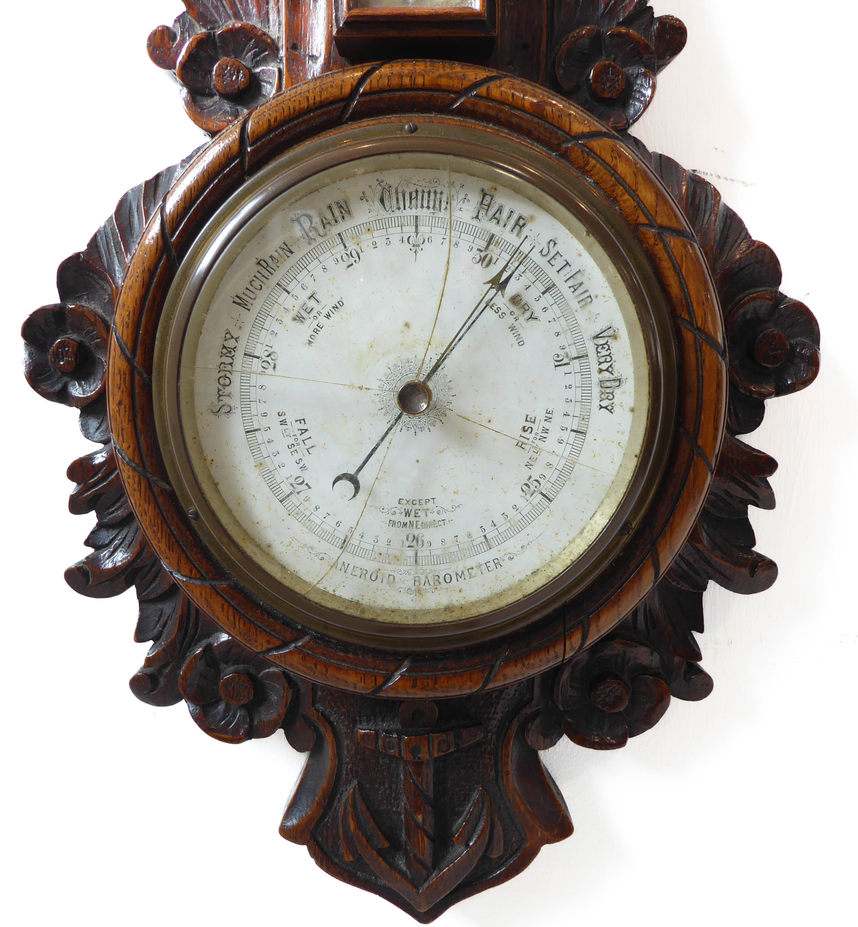 A late 19th century combined clock thermometer and barometer; nautical themed carved oak case with - Image 3 of 3