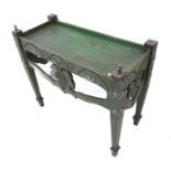 An unusual shabby-chic-style painted and riveted rectangular tray-top table; the sides with