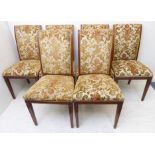 A set of six early 20th century floral upholstered and mahogany dining chairs; each with square