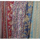 Six pairs of striped patterned curtains, pencil pleat headings, waterproofed linings:  Blue and gold