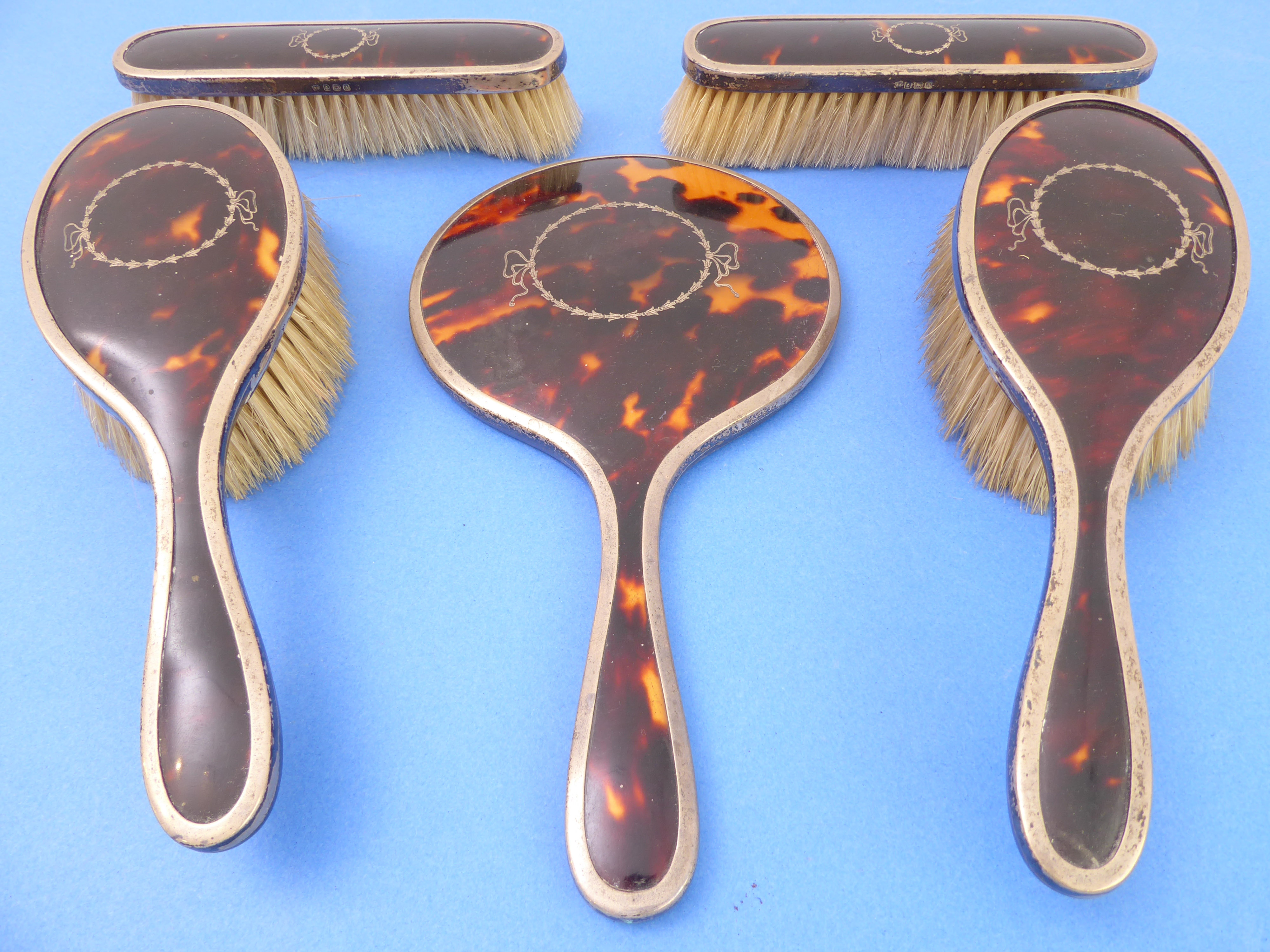 A circa 1925 tortoiseshell and hallmarked silver mounted dressing table set decorated with pique - Image 2 of 5