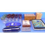 A selection to include 11 Eastern-style drinking glasses, 19th century walnut box, Indian boxes with
