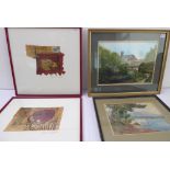 A pair of signed Fiona Langfield collages, Teacups 1991 (frame sizes 42 x 43cm) and two earlier