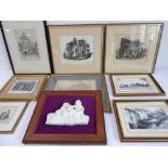 An interesting selection of wall hanging pictures and prints to include an oak-framed marbleised