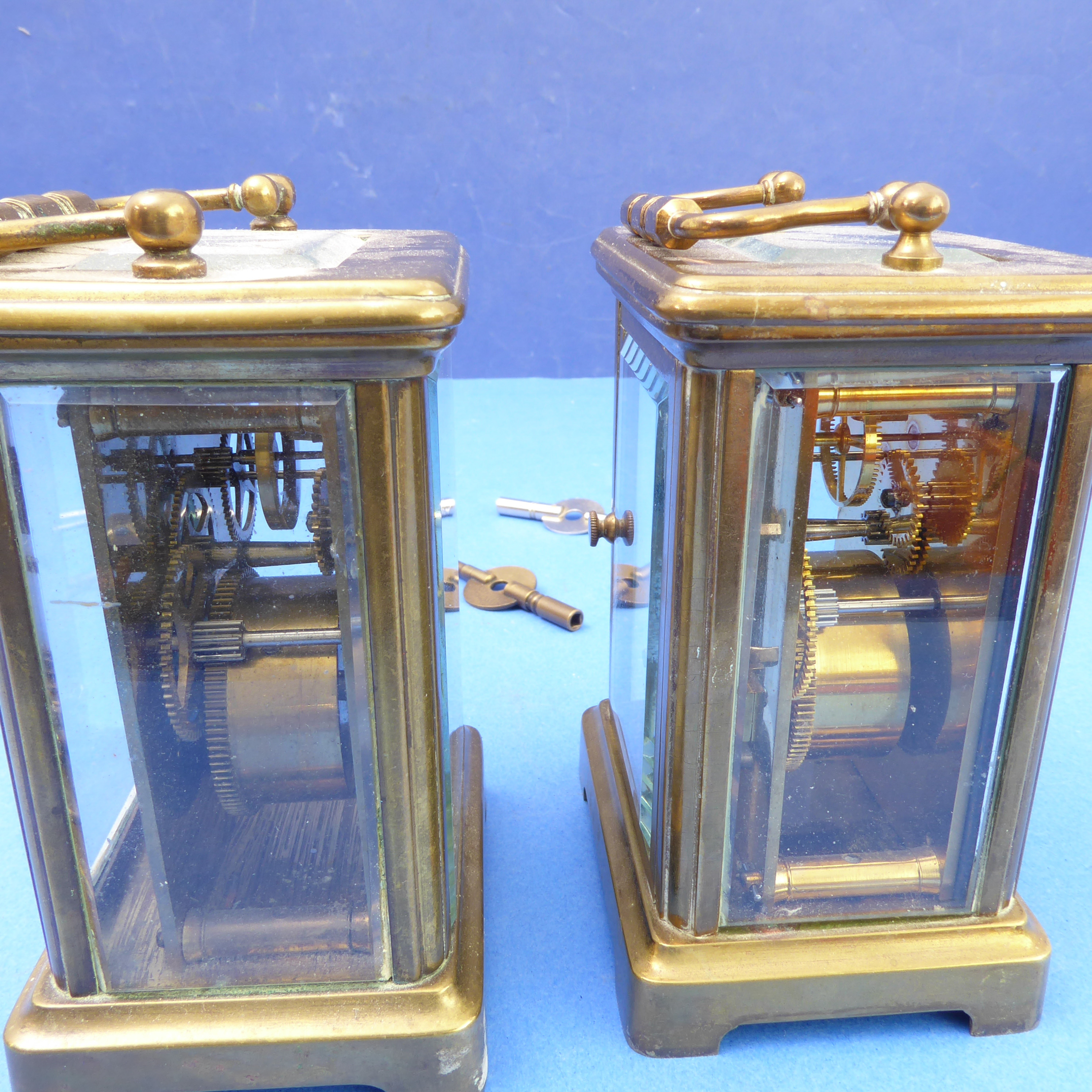 Two very similar 20th century brass carriage clocks each with white enamel dial with Roman numerals, - Image 8 of 8