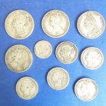 Ten Queen Victoria silver coins: 1 x half crown, 3 x florin, 5 x shilling and 1 x 6d