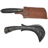 A Balinese blakas (31cm) with leather scabbard and a similar size knife with curved blade and wooden